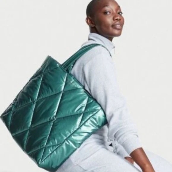 NWT Victoria’s Secret Large Quilted Puffer Tote Bag Metallic Teal - Picture 1 of 7